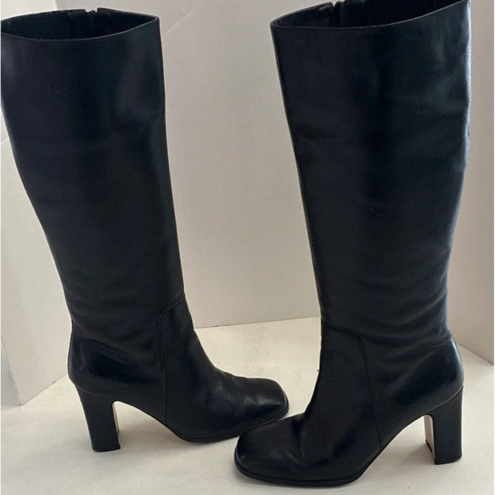 Pasaro Black Leather Knee High Riding Boots Block Heel Zip Square Toe Women's 6B